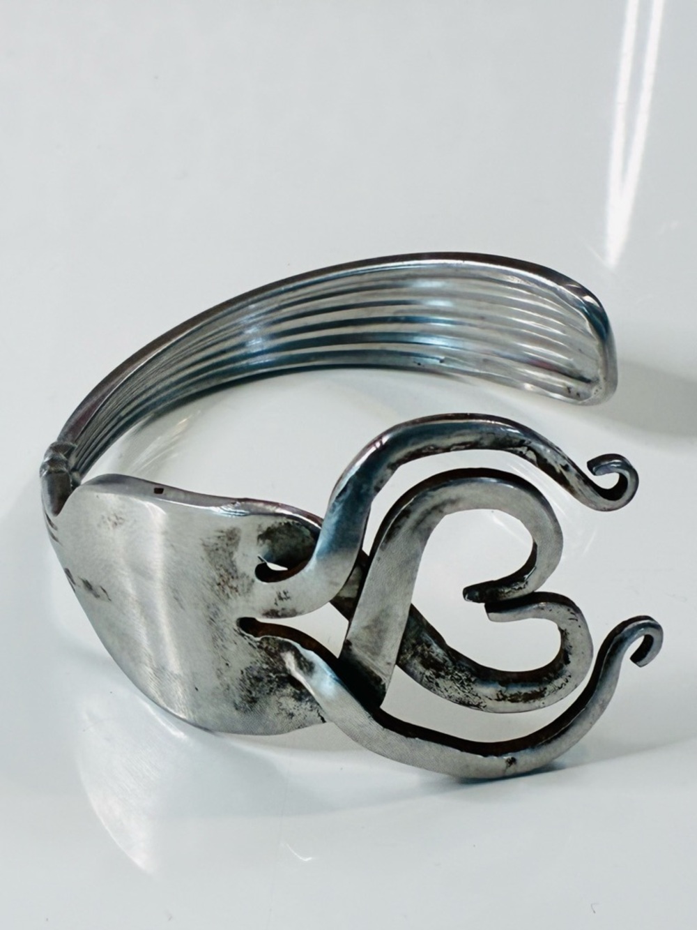 Antique Chunky Silver Heart Cuff Bracelet Stainless Fork Jewelry - Roger’s Co.